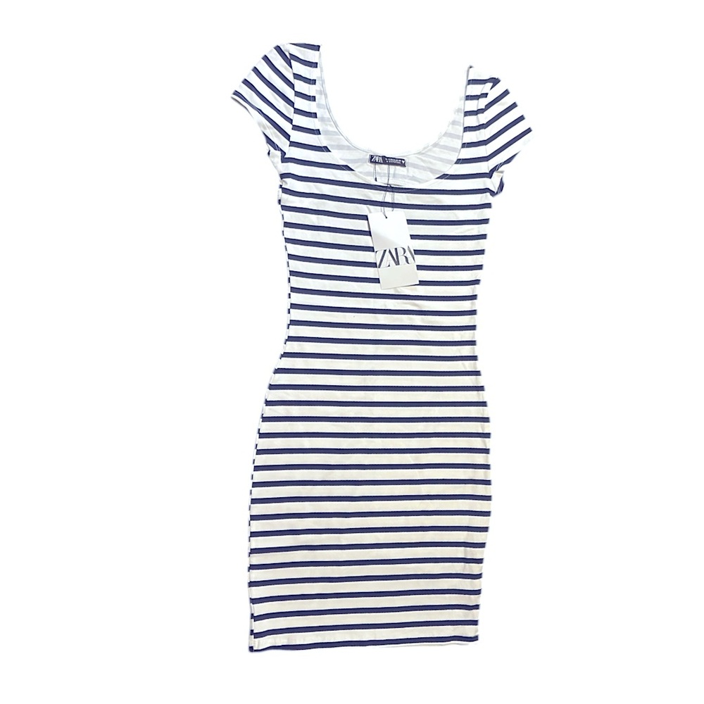 ZARA | Midnight Blue & White Striped Fitted Bodycon Dress w/ Twist Back NWOT